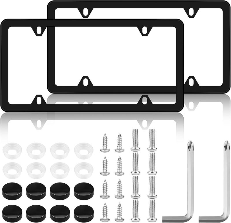 Abvsdu Chrome License Plate Frame Made of Zinc Alloy Metal, Universal Car Accessories,1 Pack License Plate Holder Never Rust and Unbreakable with Metal Screws& Chrome Caps and Screwdriver (2 PCS Black) - Image 1